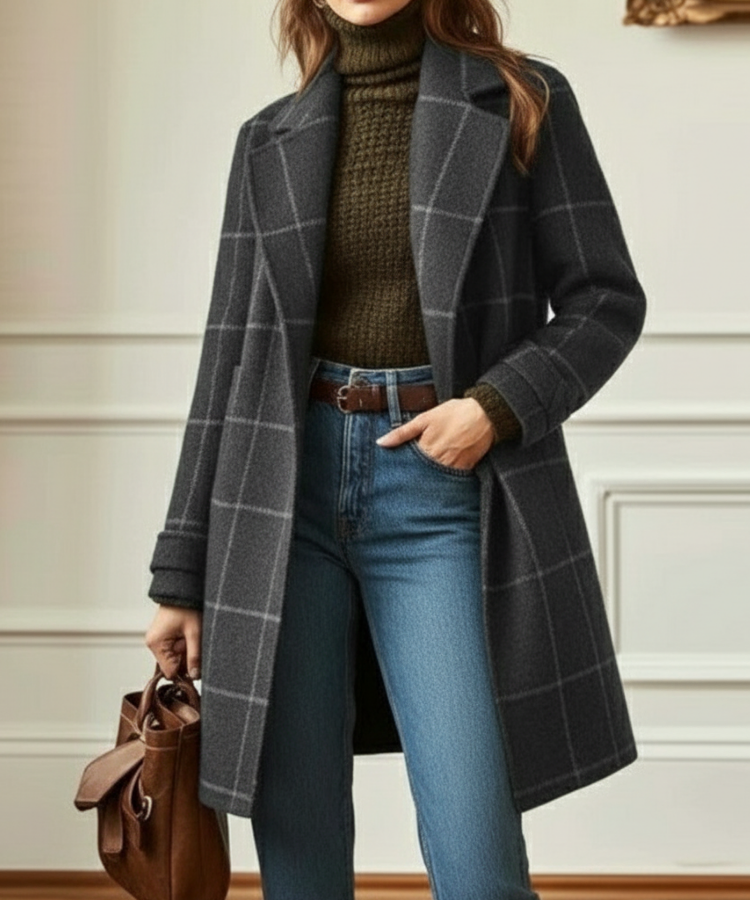 Lora | Women's Checked Long Coat with Lapel Collar