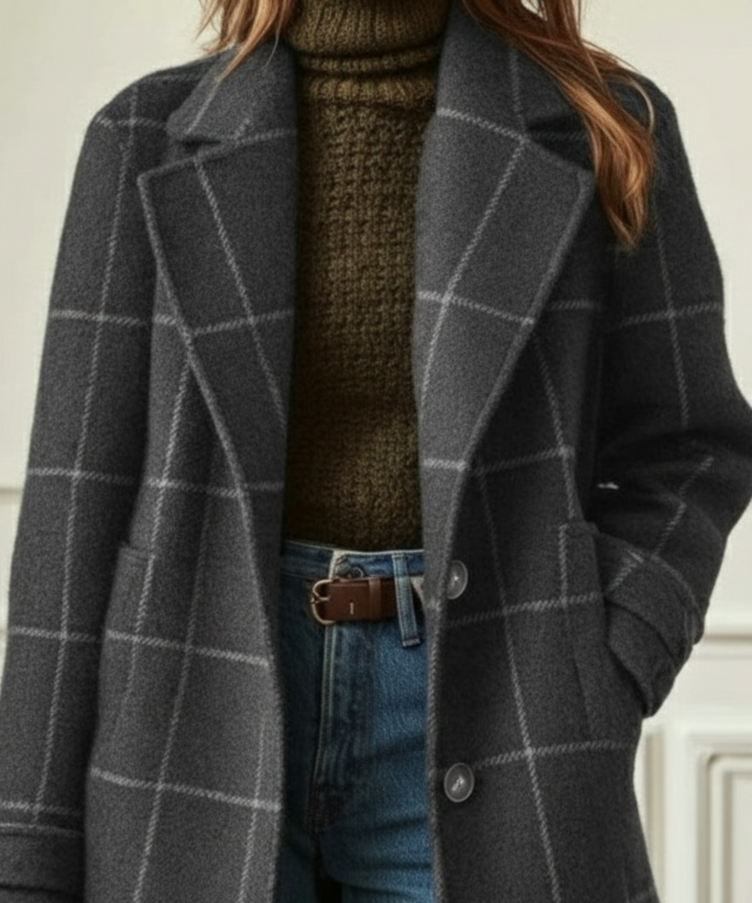 Lora | Women's Checked Long Coat with Lapel Collar