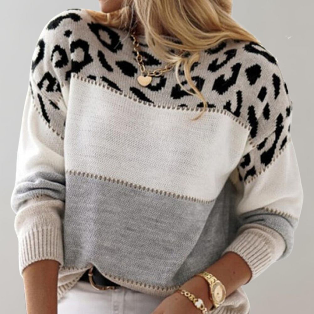 Violett | Women’s soft knitted jumper with colour-blocking and leopard print