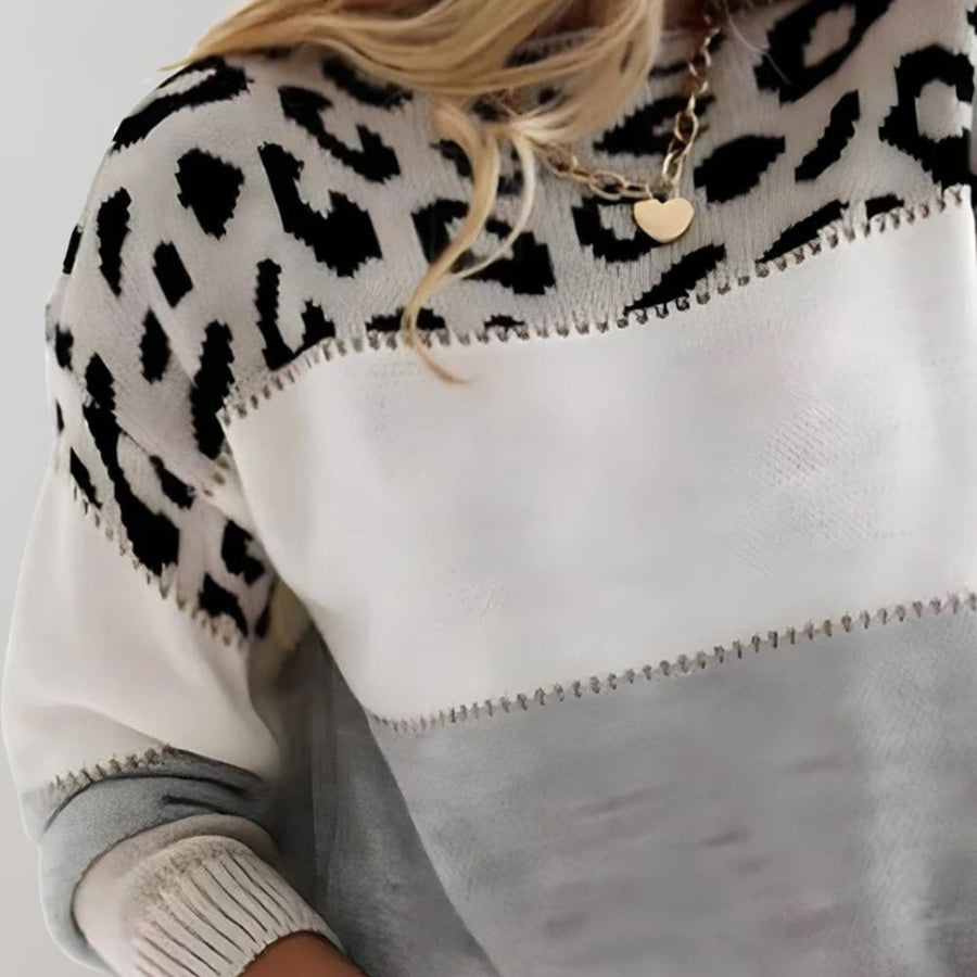 Violett | Women’s soft knitted jumper with colour-blocking and leopard print
