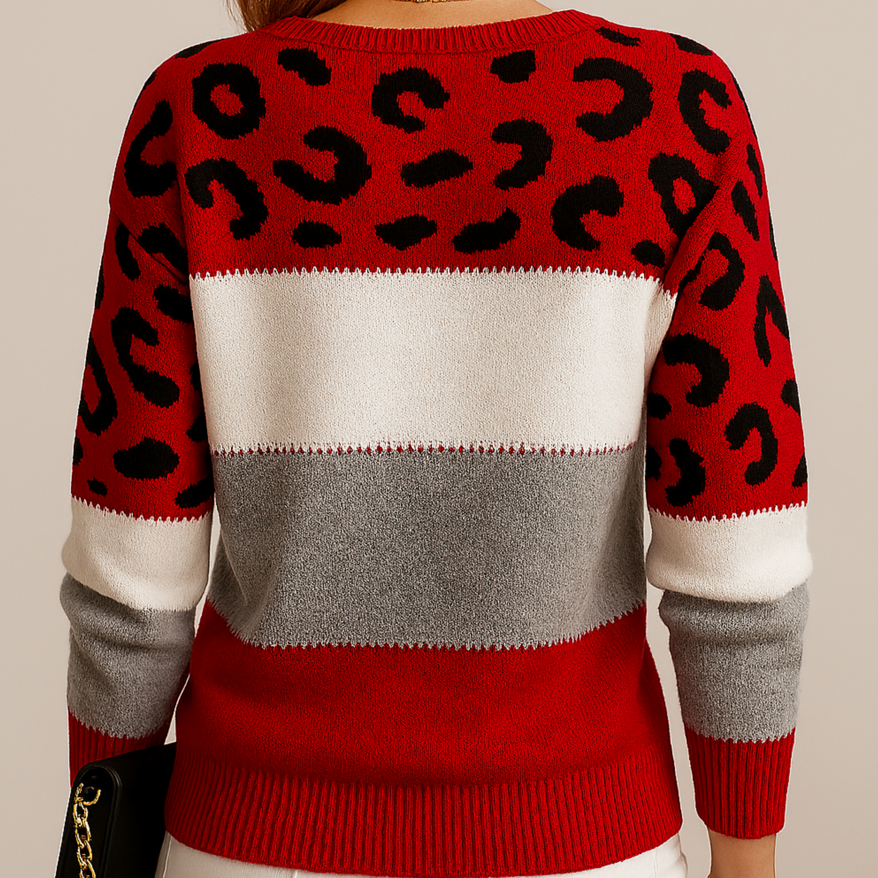 Violett | Women’s soft knitted jumper with colour-blocking and leopard print