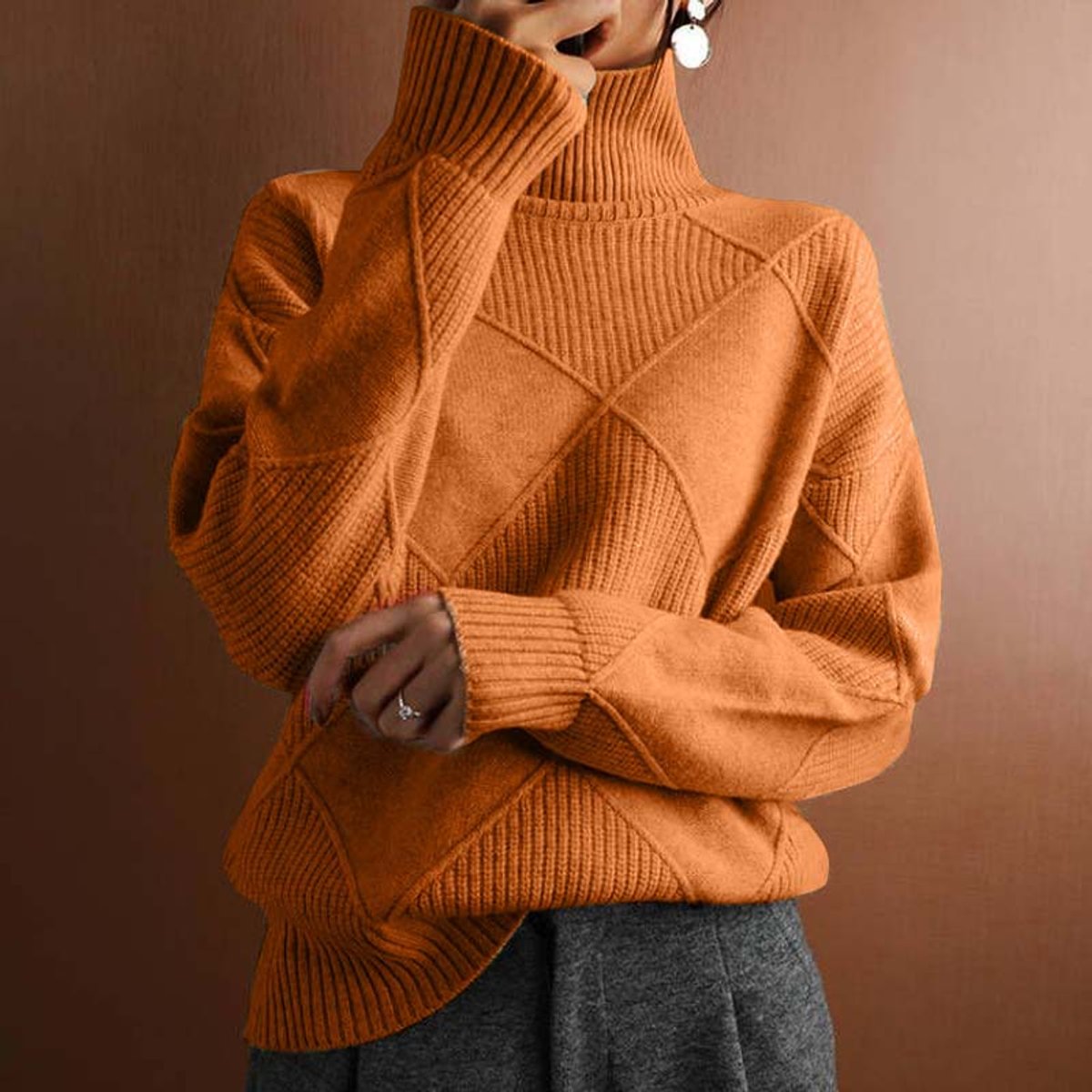 Olivia | Women's Argyle Knit Relaxed-Fit Turtleneck Sweater