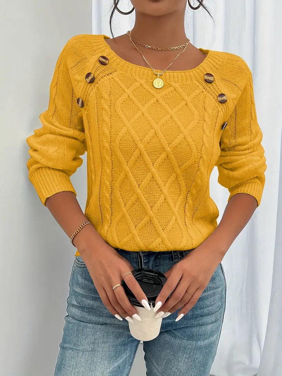 Grace | Women's Cable Knit Sweater Round Neck Button Detail Jumper