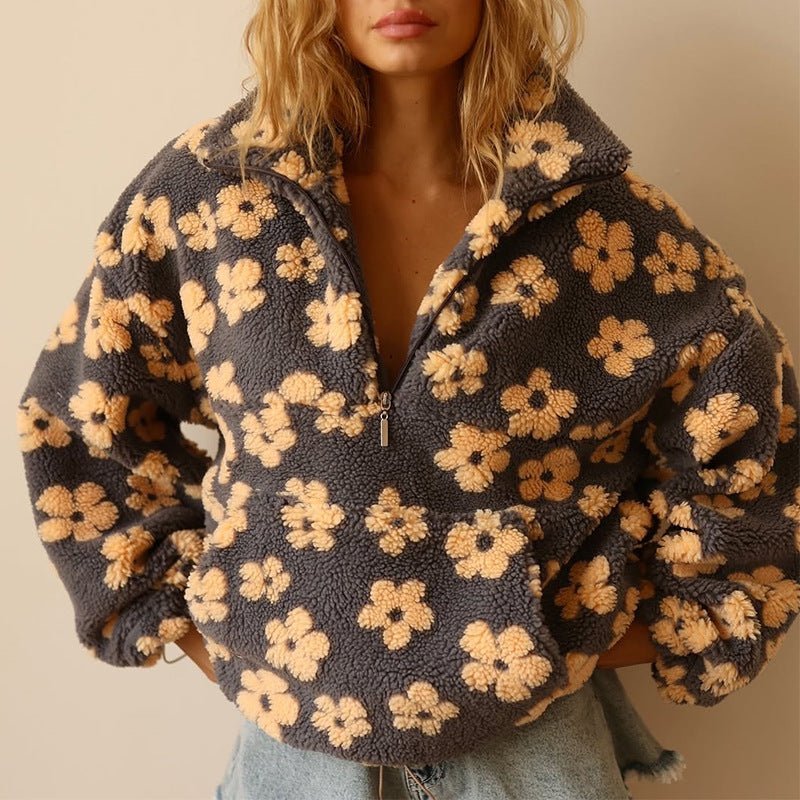 Poppy | Women's Oversized Floral Teddy Fleece Half-Zip Jumper