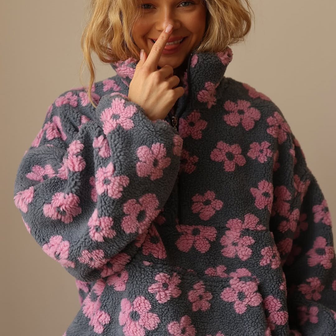 Poppy | Women's Oversized Floral Teddy Fleece Half-Zip Jumper