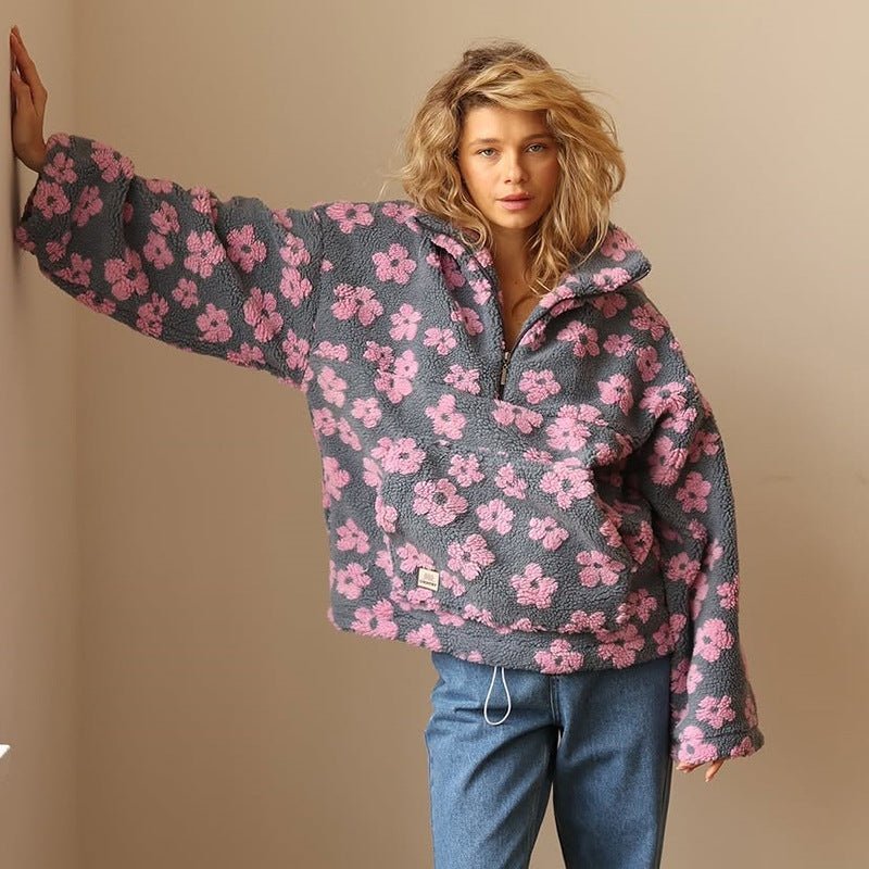 Poppy | Women's Oversized Floral Teddy Fleece Half-Zip Jumper