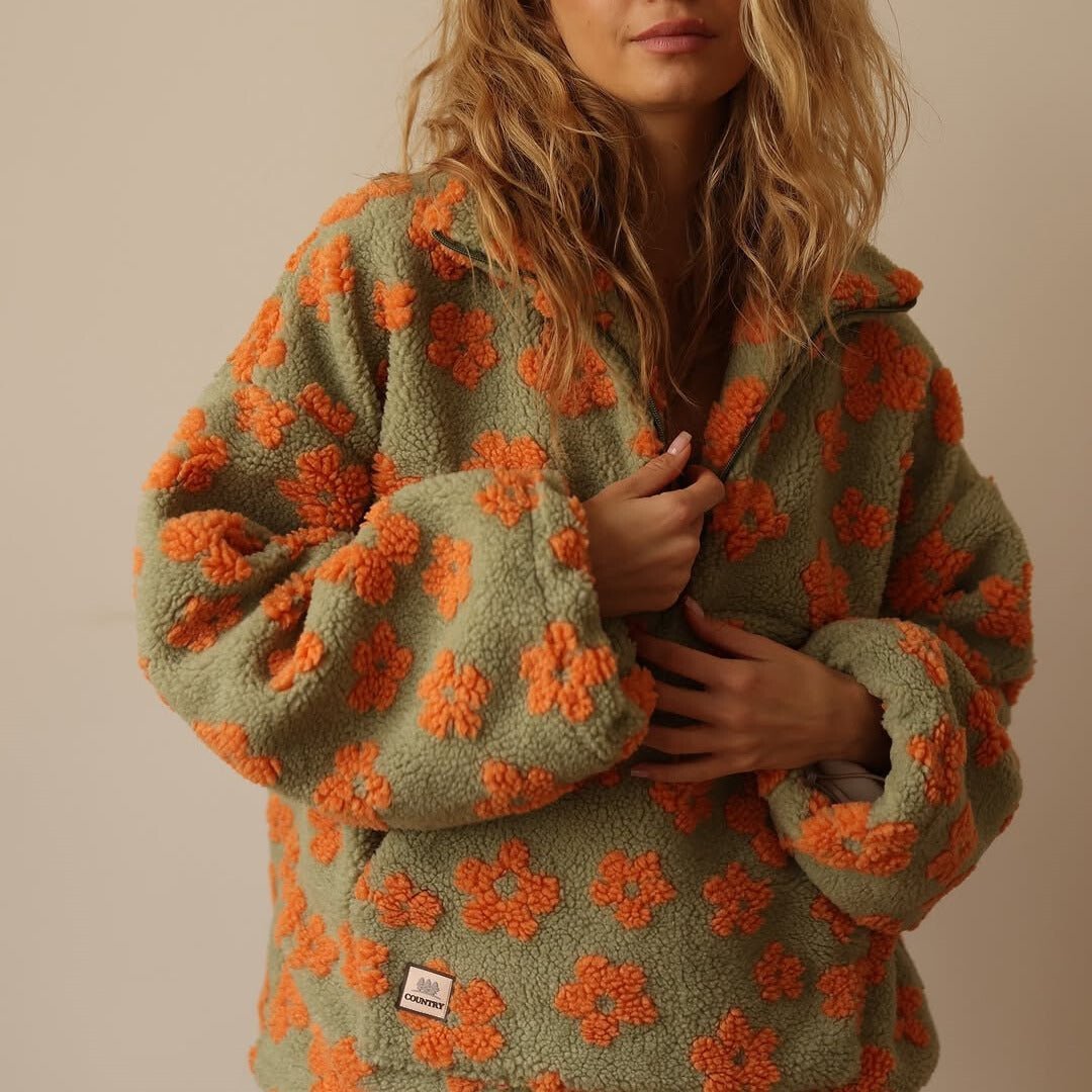 Poppy | Women's Oversized Floral Teddy Fleece Half-Zip Jumper