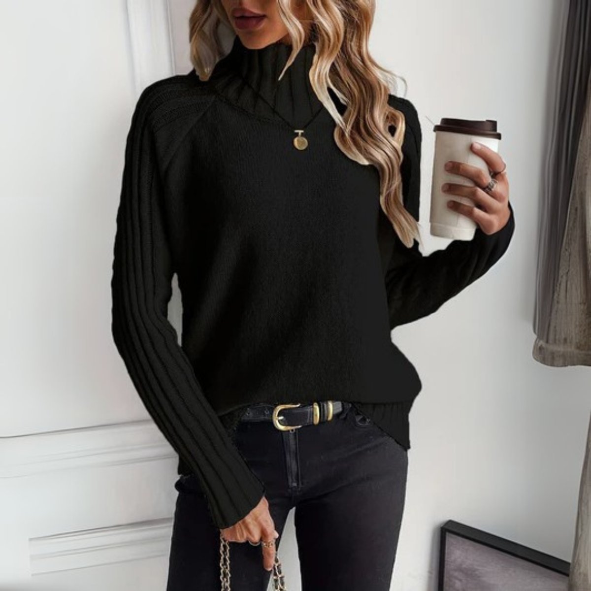 Freya | Women's Ribbed Knit Turtleneck Sweater Relaxed Long Sleeve Jumper